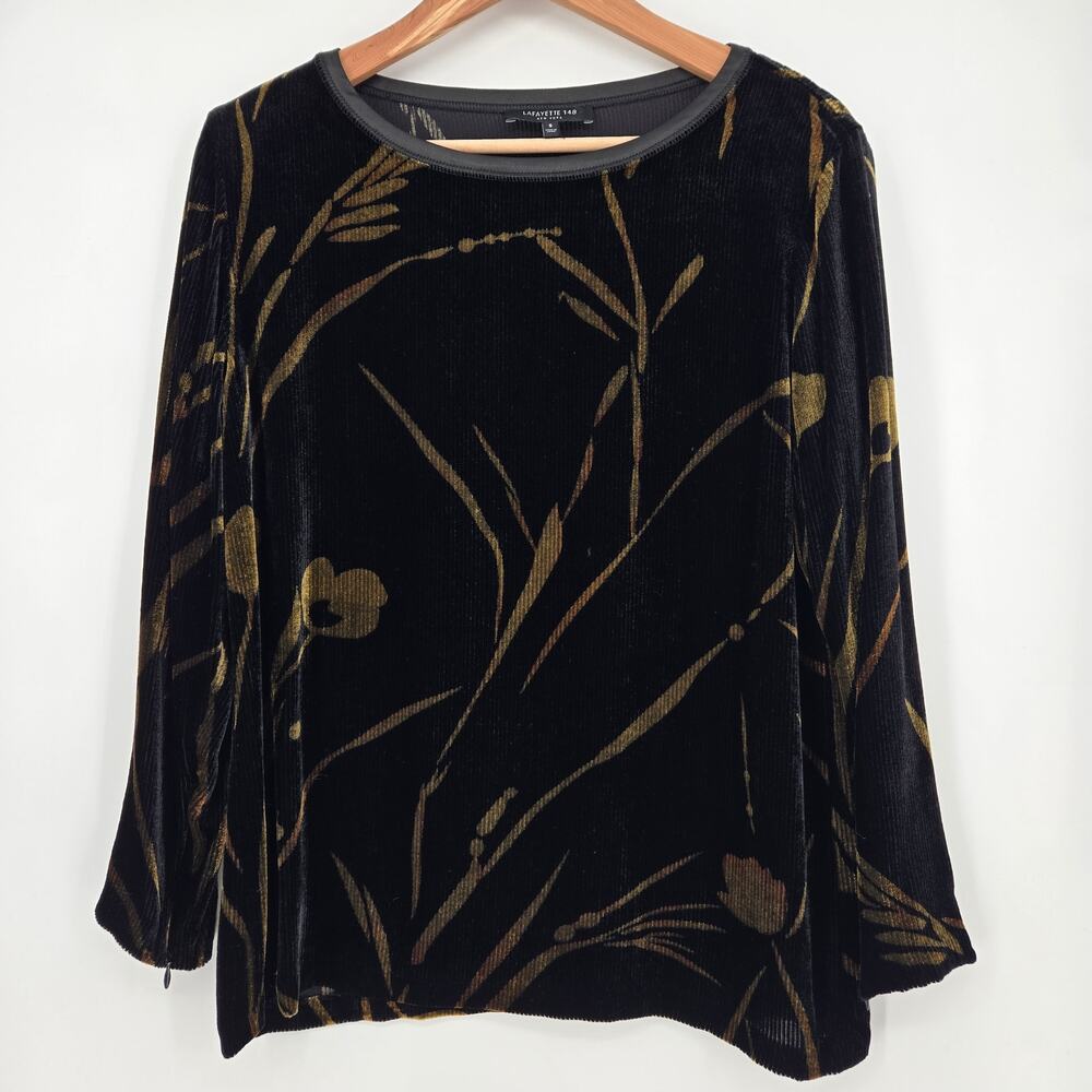 Lafayette 148 Velvet Top Black Gold Botanical Print Silk Blend Zip Sleeves S
